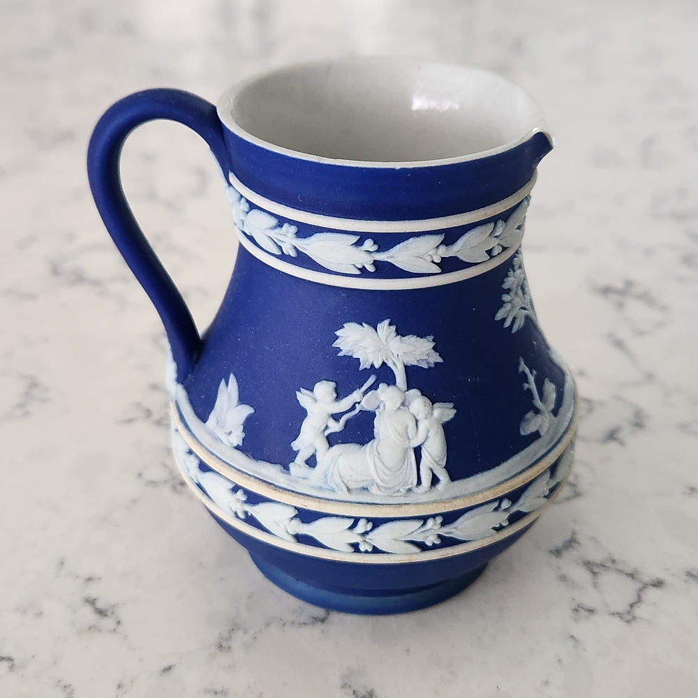 Vintage Etruscan Jug Wedgwood Cobalt Blue Jasperware Pitcher Creamer England